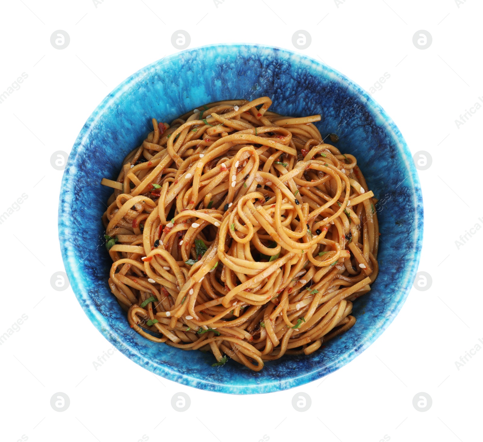 Photo of Bowl of buckwheat noodles isolated on white, top view