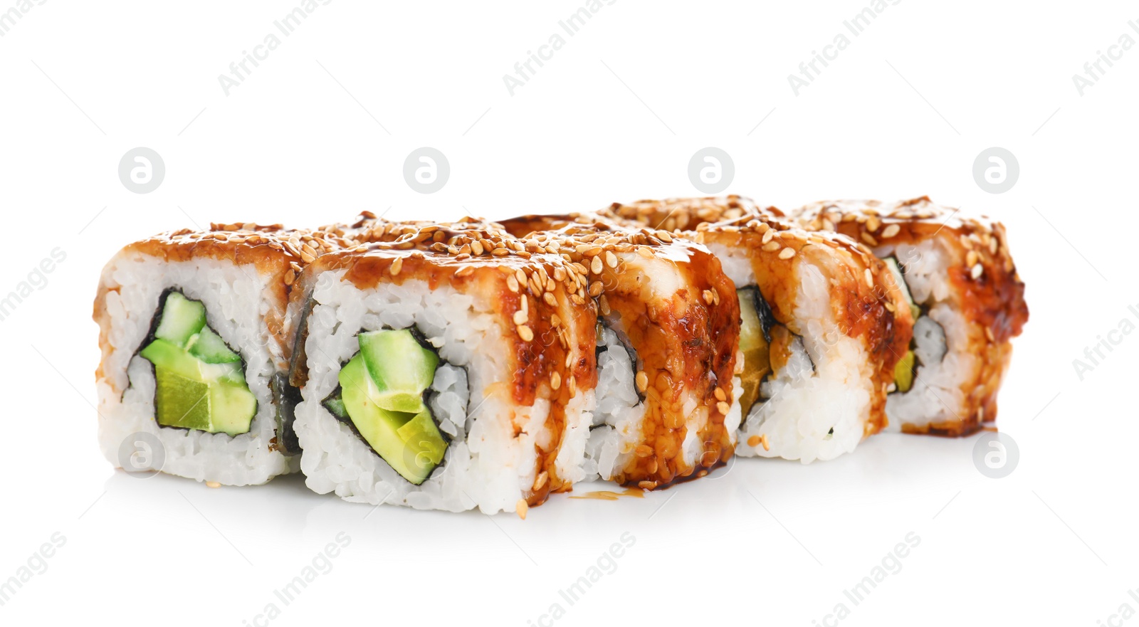 Photo of Tasty sushi rolls on white background. Food delivery service