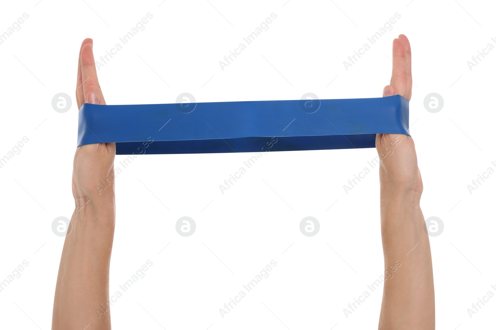 Photo of Woman with elastic resistance band on white background, closeup of hands