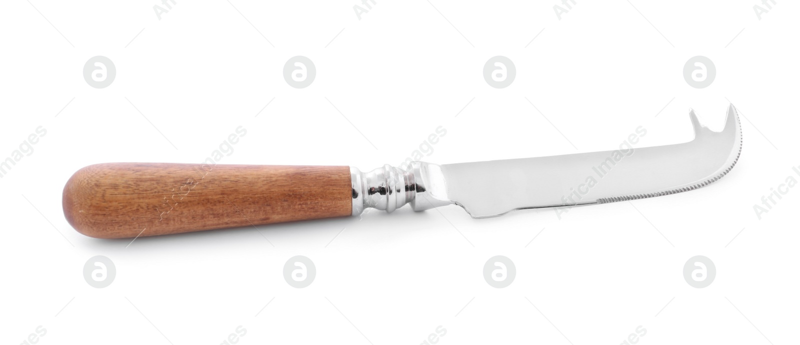 Photo of Fork tipped spear cheese knife with wooden handle isolated on white