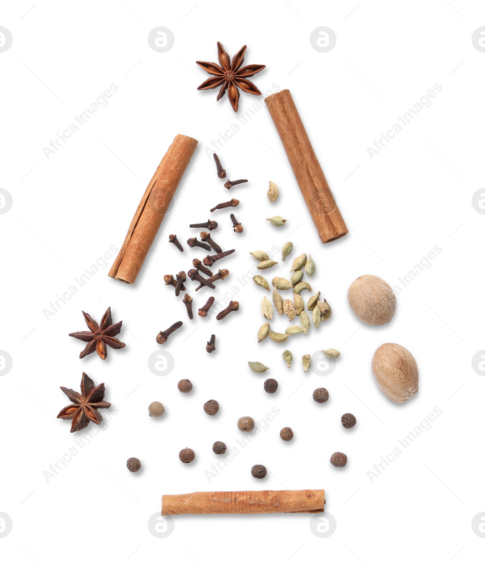 Photo of Christmas tree made of different spices on white background, top view