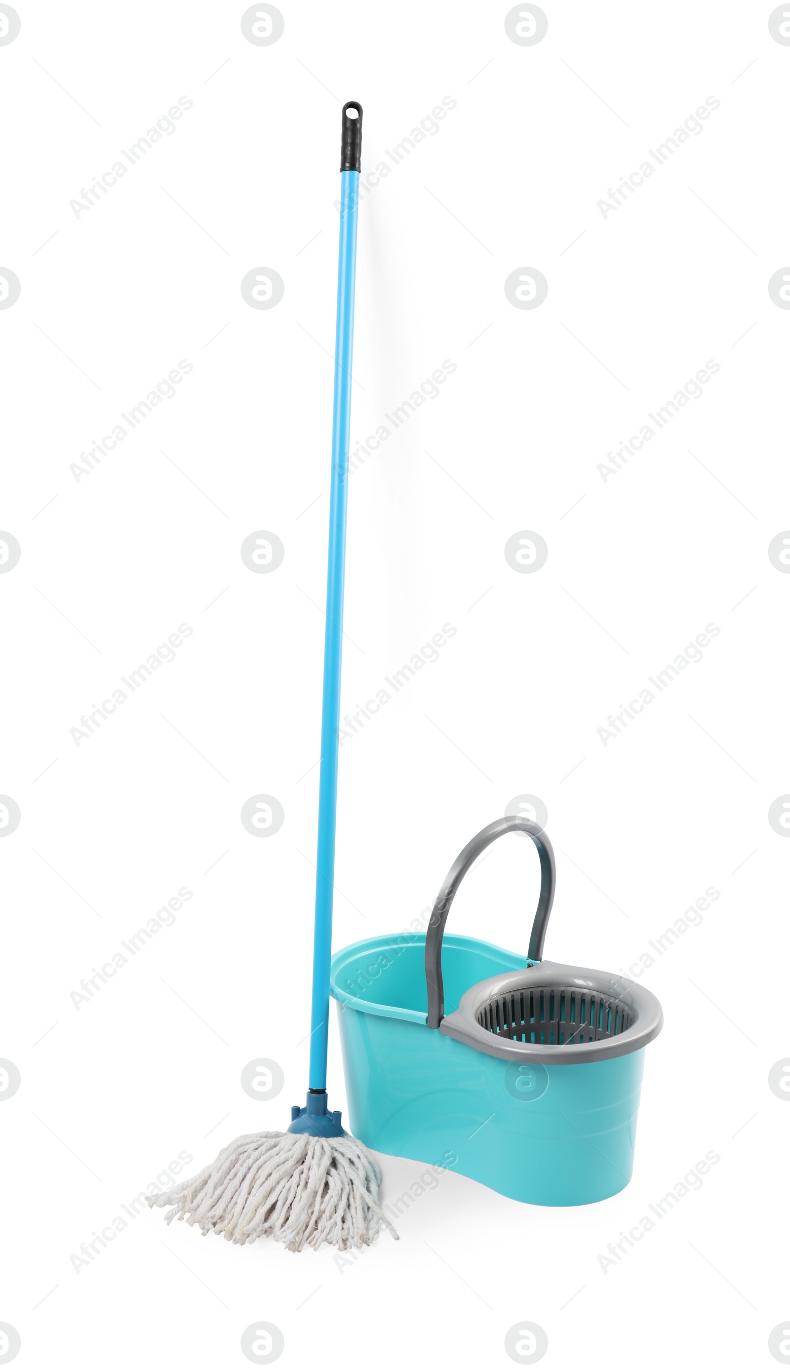 Photo of Mop and plastic bucket isolated on white