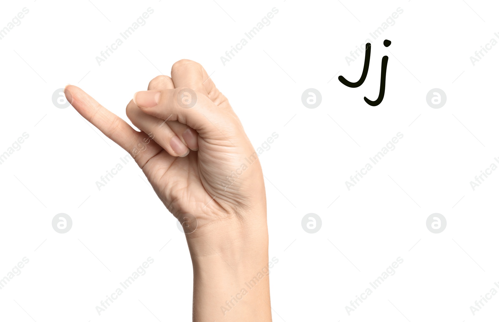 Image of Woman showing letter J on white background, closeup. Sign language