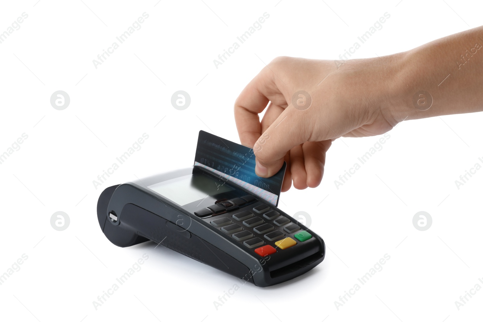 Photo of Woman using terminal for credit card payment on white background