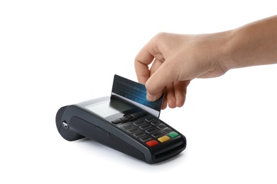 Woman using terminal for credit card payment on white background