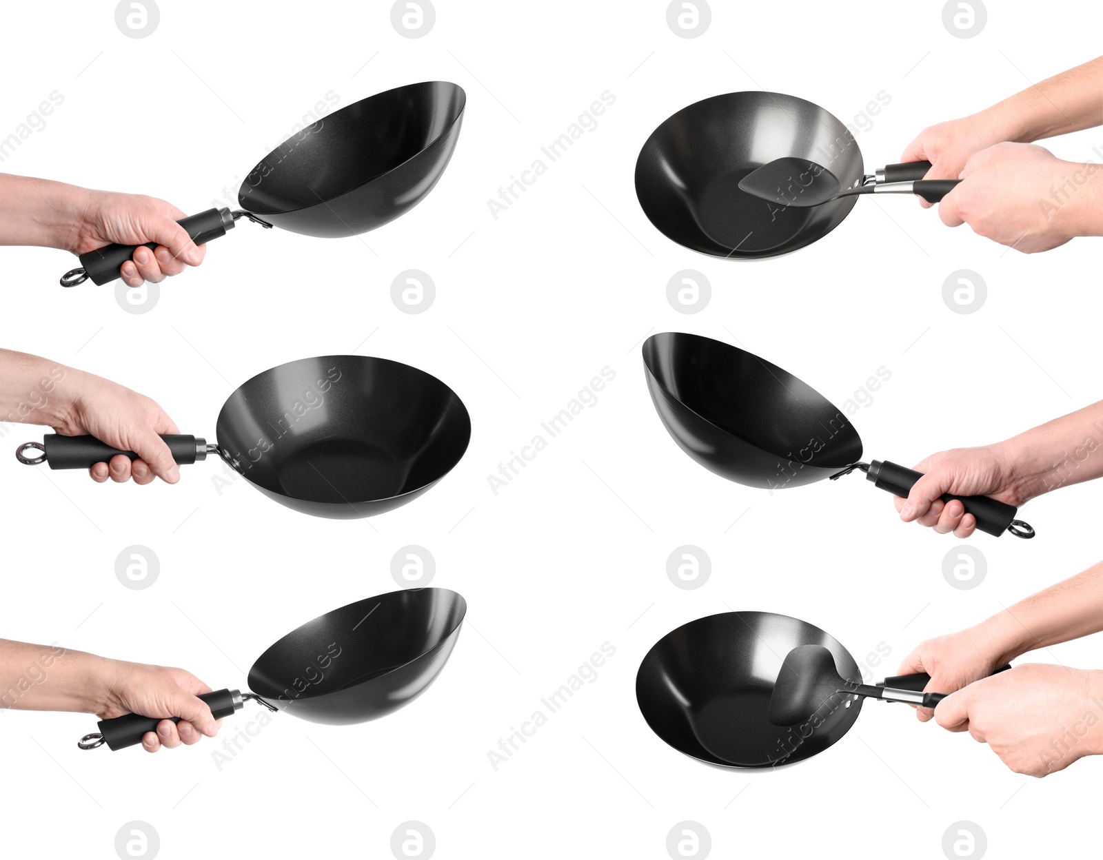 Image of Man holding metal woks on white background, set of photos