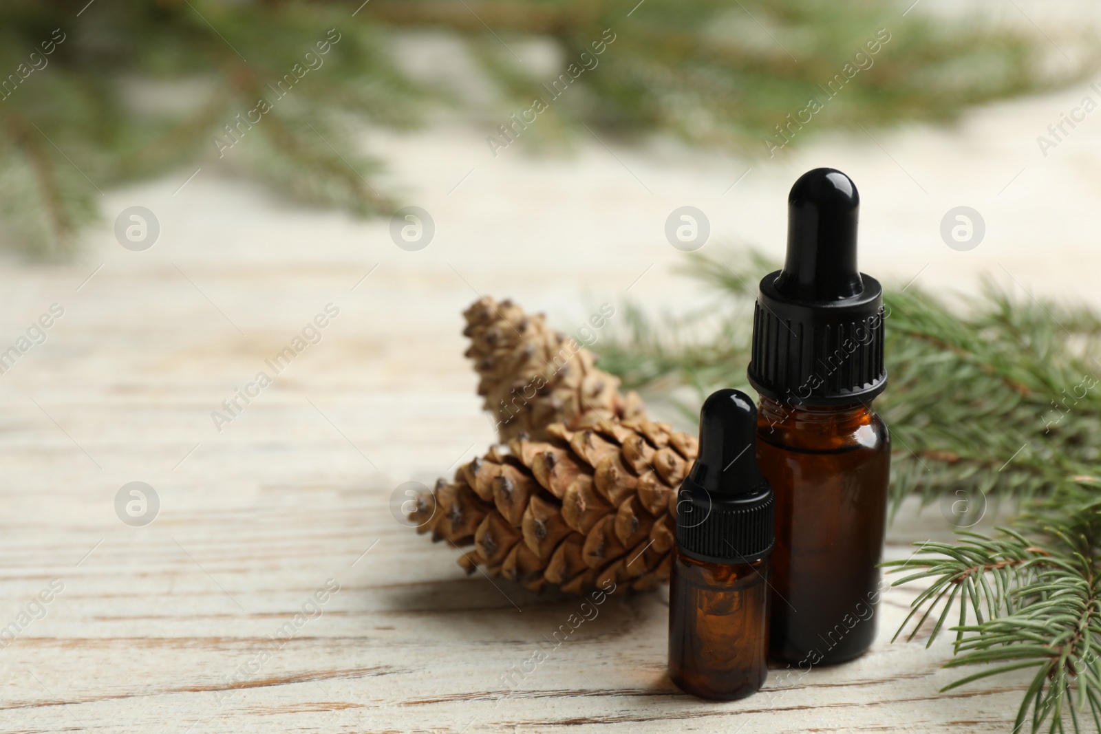 Photo of Glass bottles of essential oil, fir branch and cones on white wooden table. Space for text