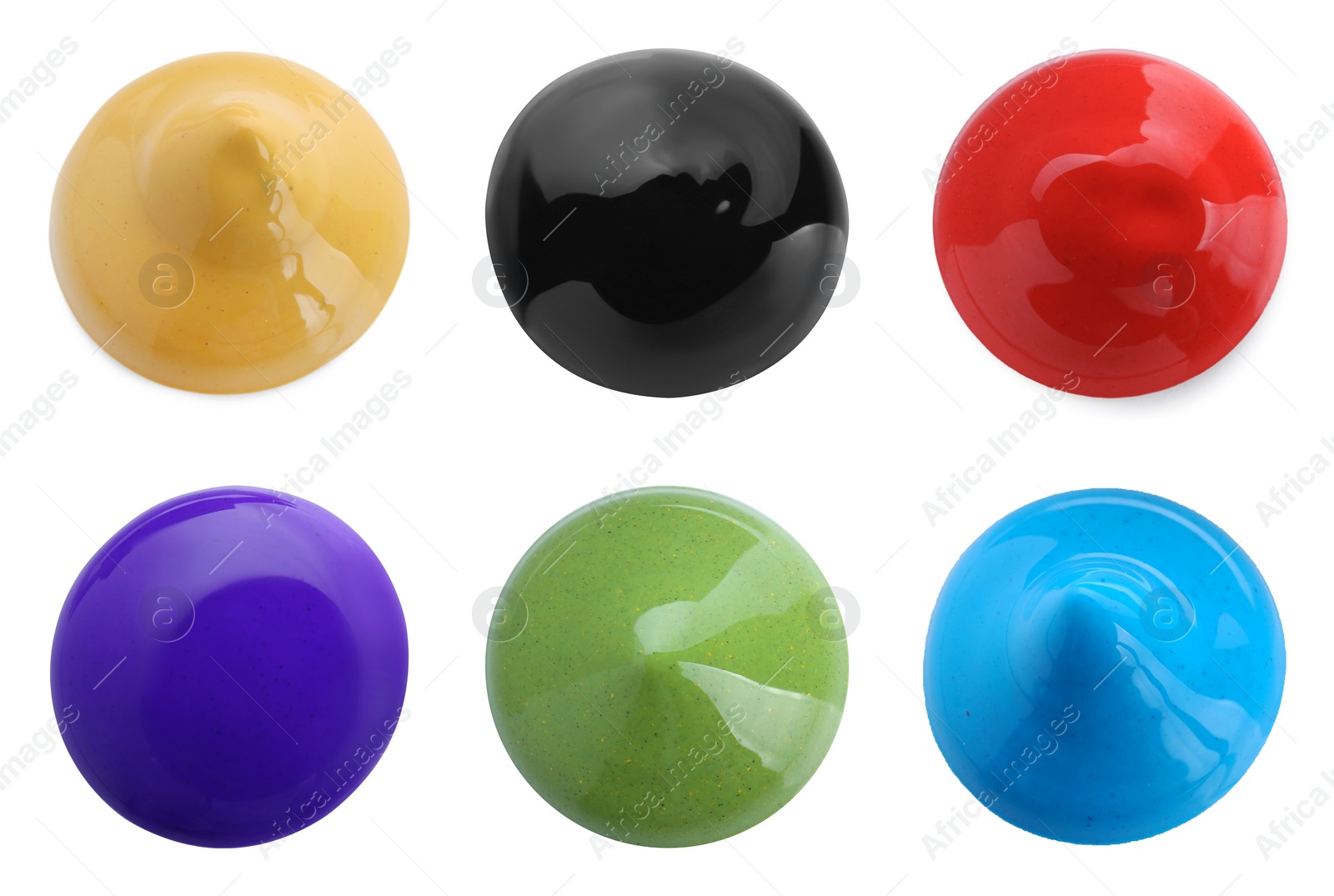 Image of Set with paint blobs of different colors isolated on white, top view