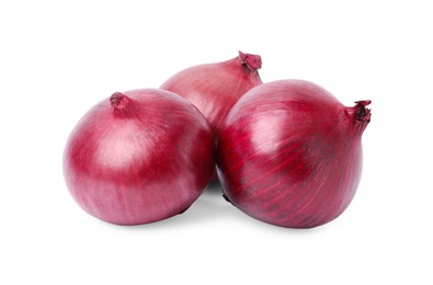 Many fresh red onions on white background