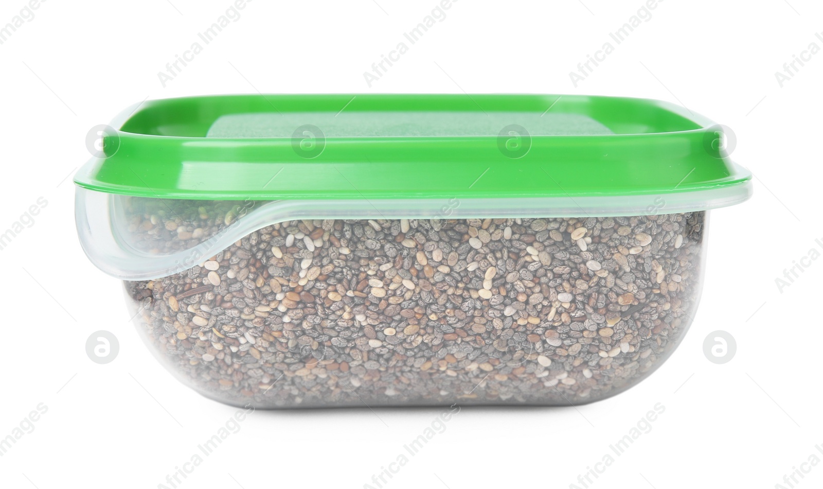 Photo of Plastic container filled with chia seeds isolated on white