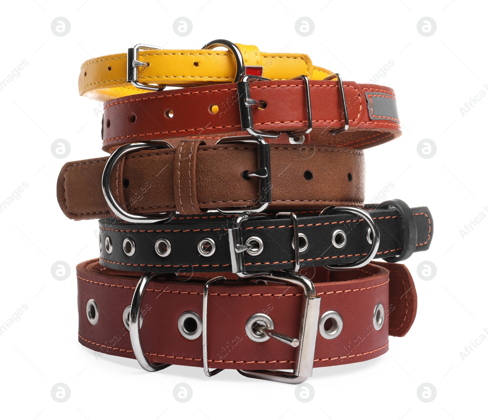 Photo of Different leather dog collars on white background