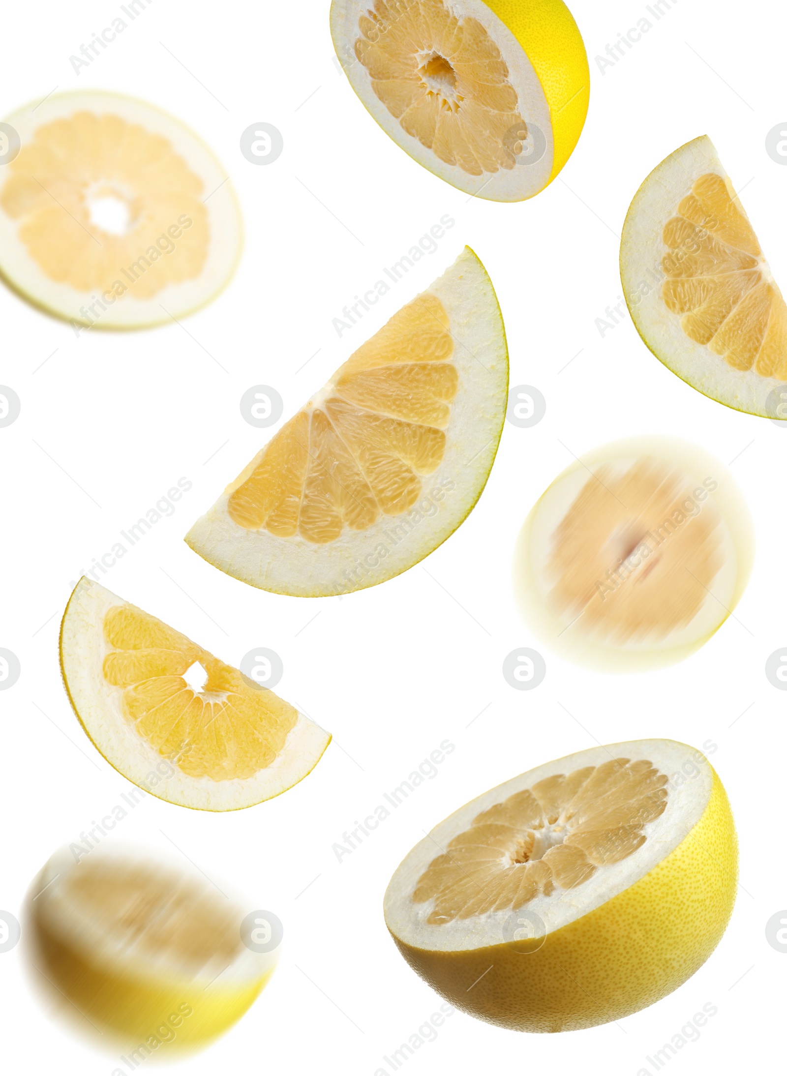 Image of Fresh exotic pomelo fruits falling on white background 