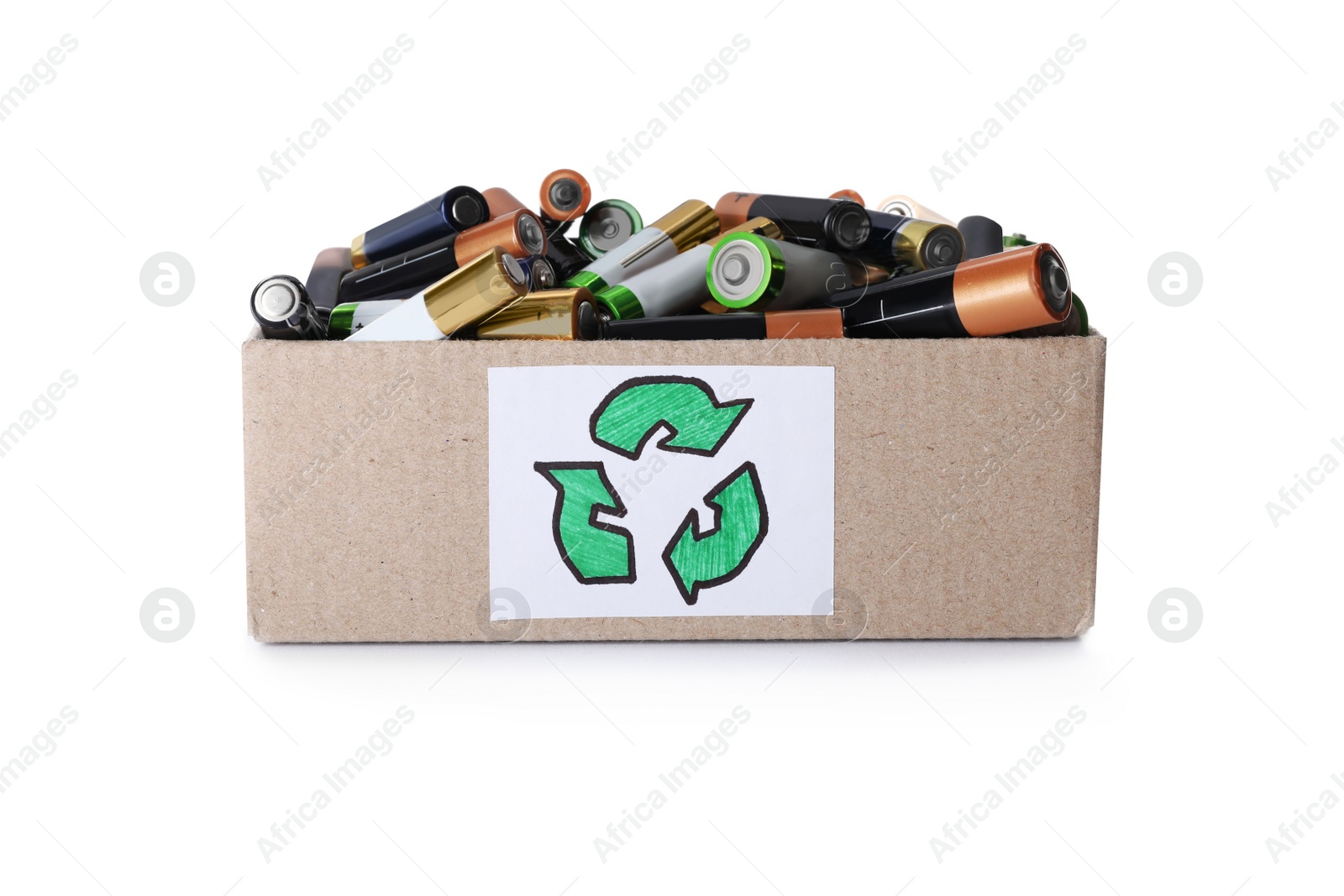 Image of Used electric batteries in cardboard box with recycling symbol on white background