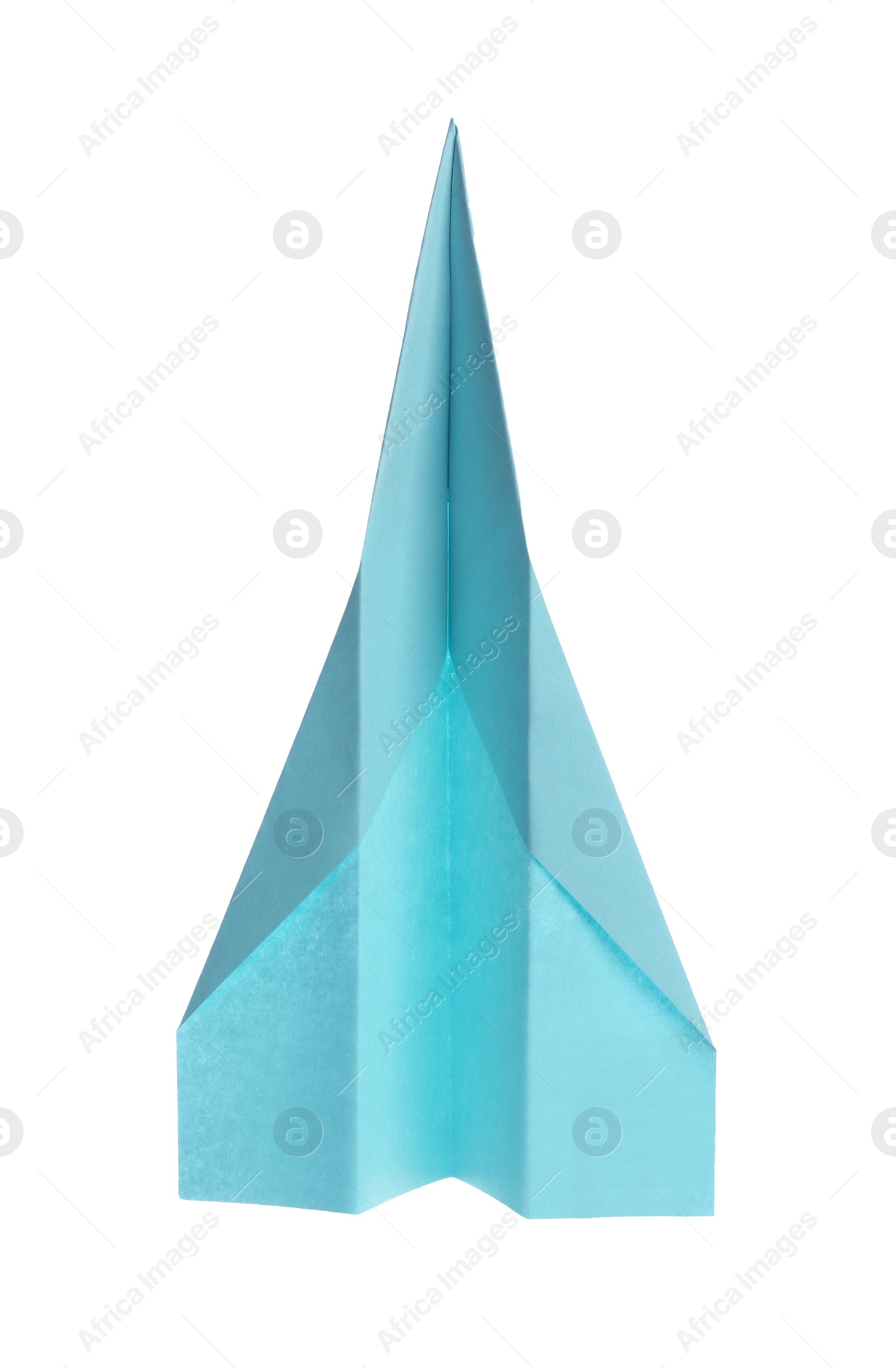 Photo of Handmade light blue paper plane isolated on white