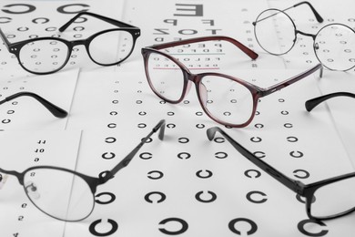 Photo of Vision test charts and glasses on table, closeup
