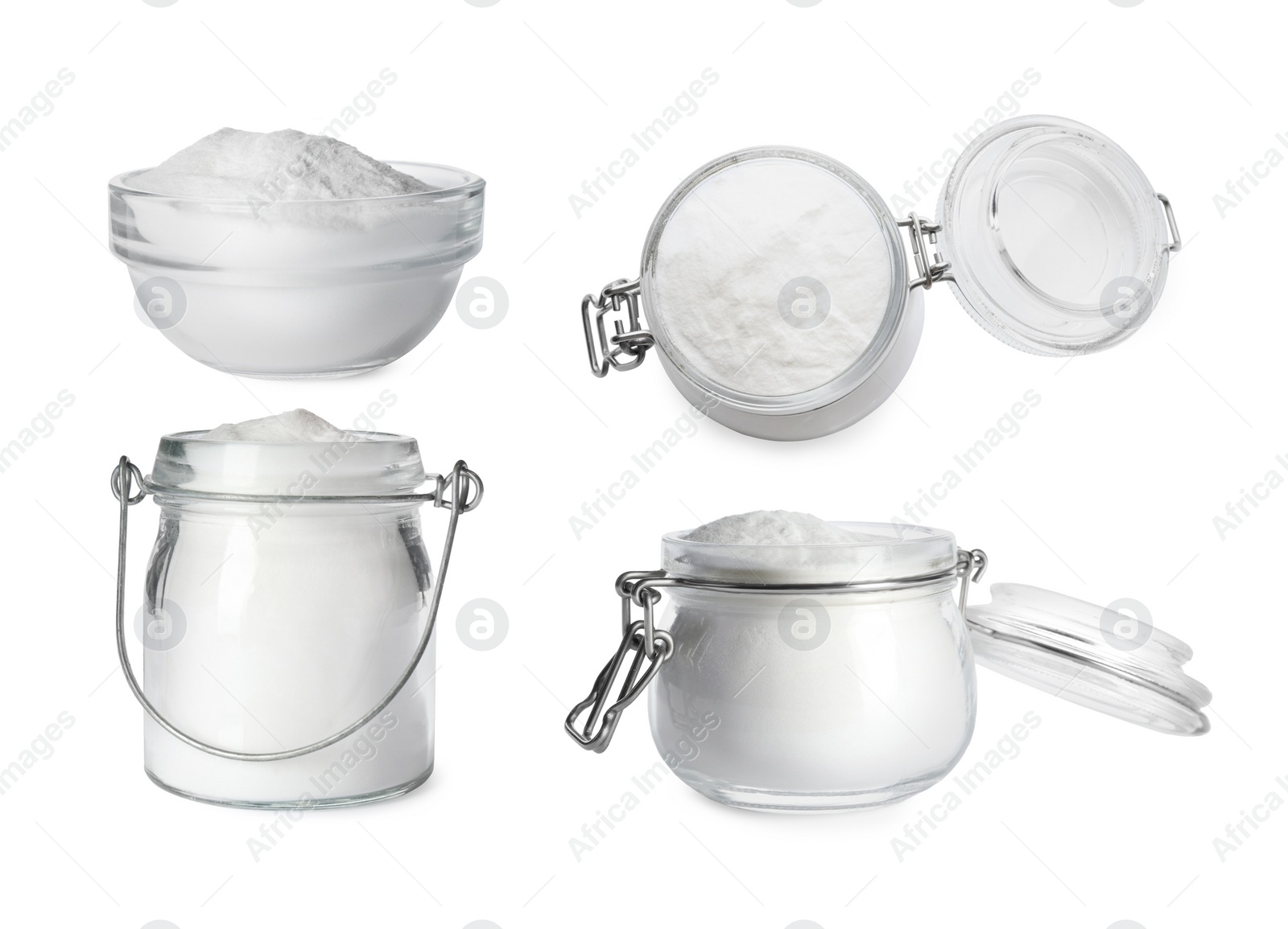 Image of Set with baking soda on white background 