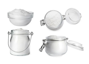 Set with baking soda on white background 