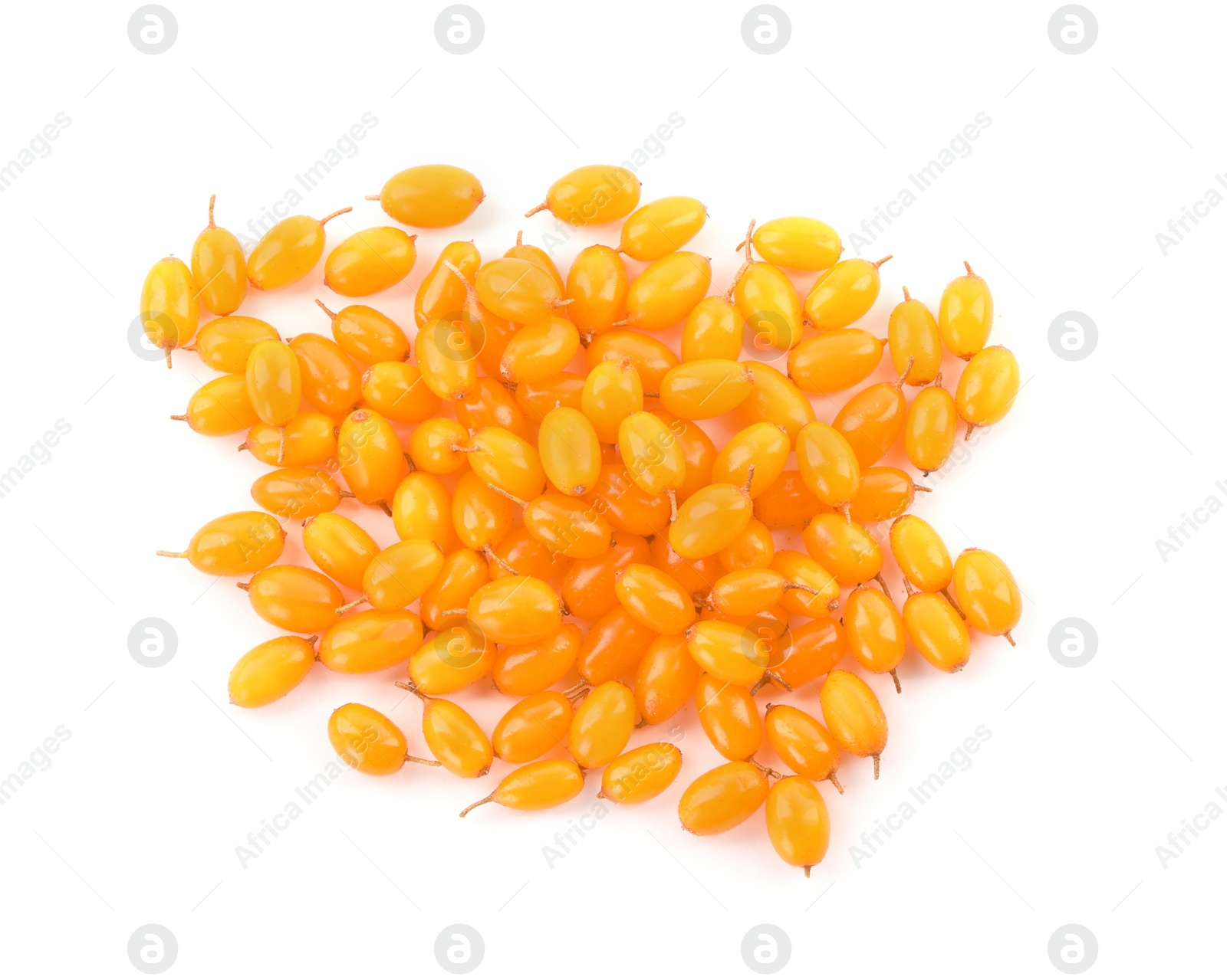 Photo of Fresh ripe sea buckthorn berries on white background, top view