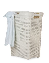 Plastic laundry basket with garment isolated on white