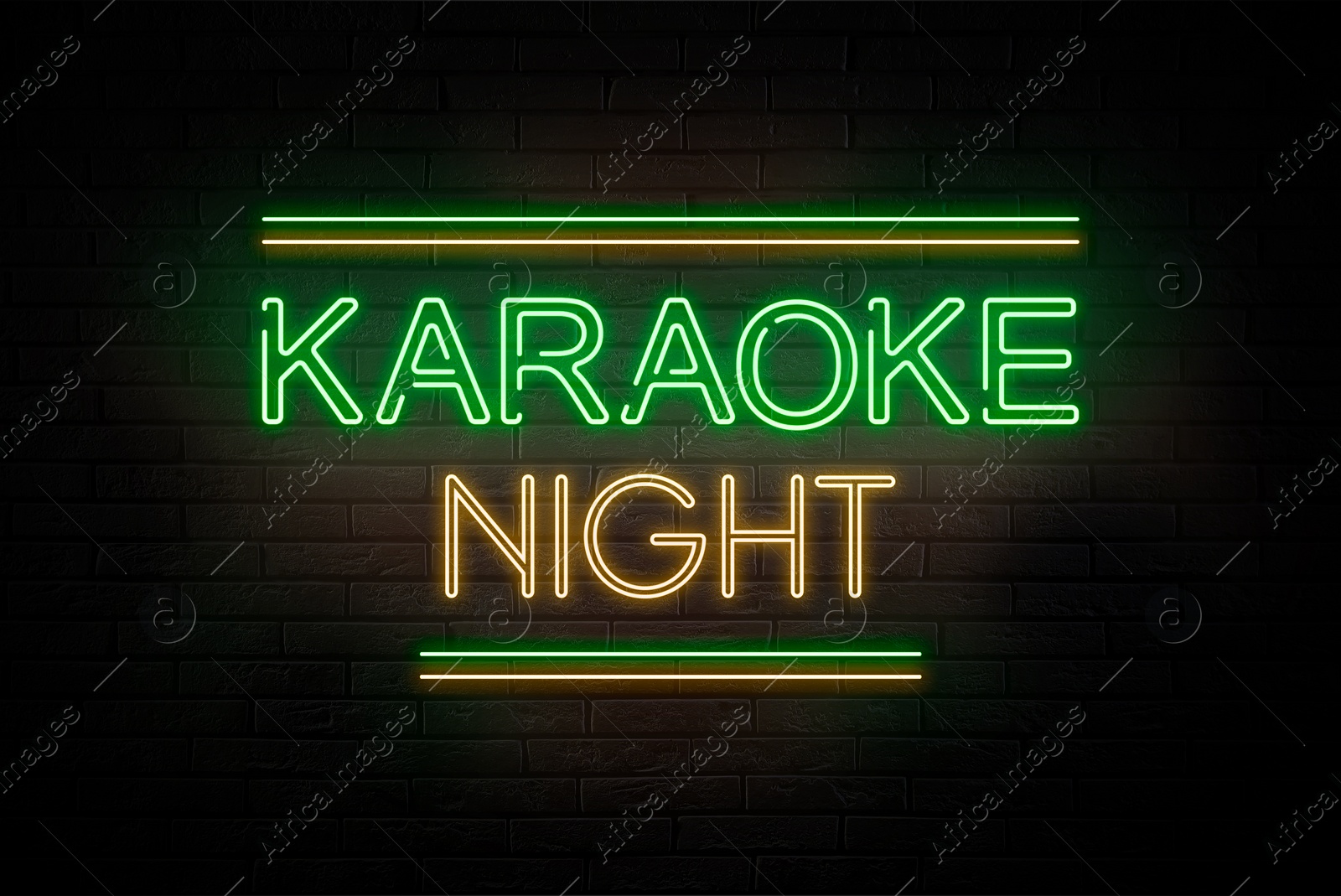 Illustration of Glowing neon sign with words Karaoke Night on brick wall
