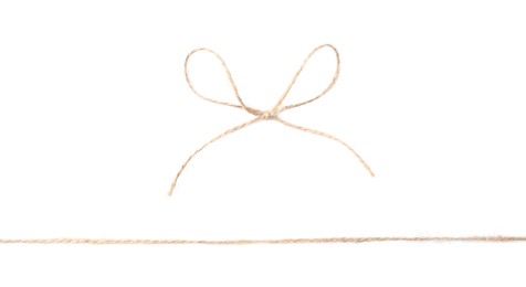Linen rope string with bow isolated on white, top view