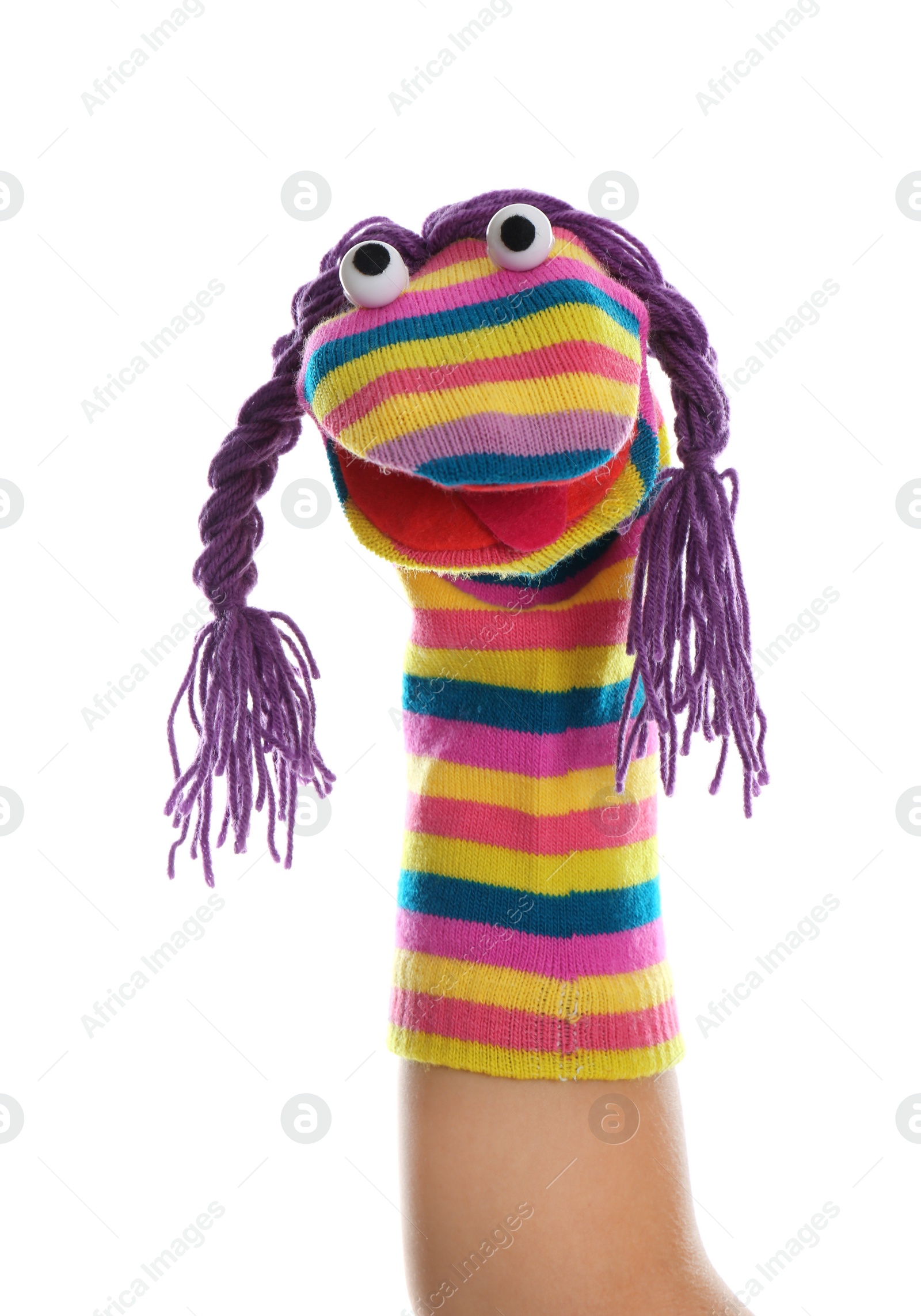 Photo of Funny sock puppet for show on hand against white background