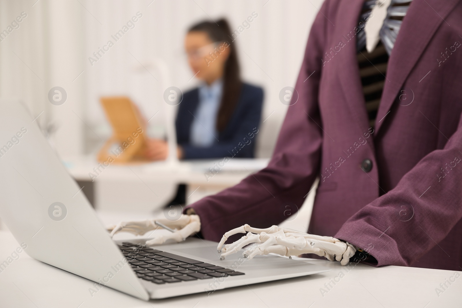 Photo of Human skeleton in suit using laptop at table in office, closeup