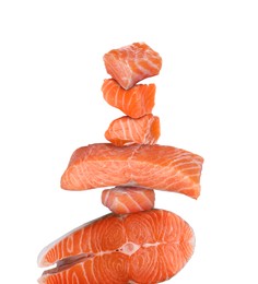 Image of Stack of cut fresh salmon on white background