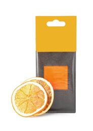 Photo of Scented sachet and dried orange slices on white background