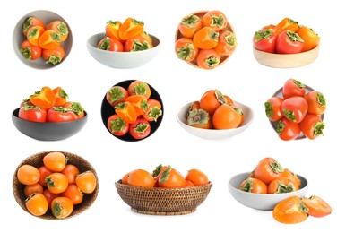 Image of Set with sweet ripe persimmons on white background