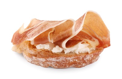 Tasty sandwich with cured ham and cream cheese isolated on white