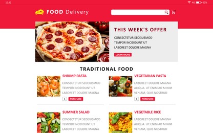 Food delivery app. Display with appetizing menu