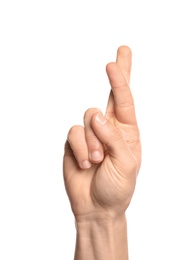 Man showing R letter on white background, closeup. Sign language