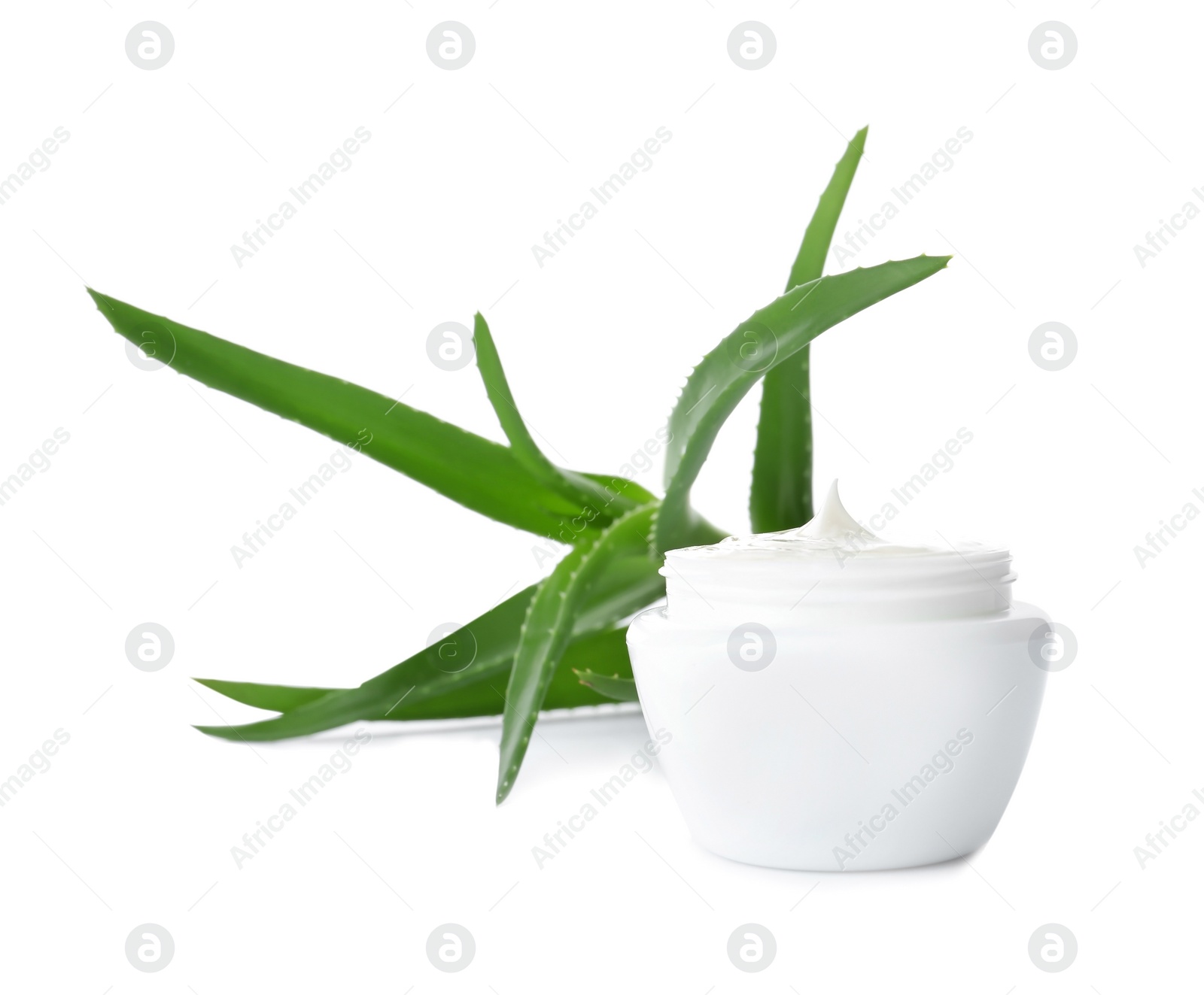 Photo of Jar with aloe vera balm and fresh leaves on white background