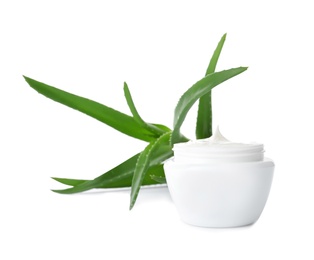 Photo of Jar with aloe vera balm and fresh leaves on white background