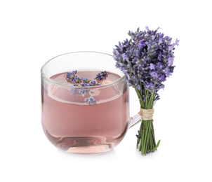 Fresh delicious tea with lavender and beautiful flowers isolated on white