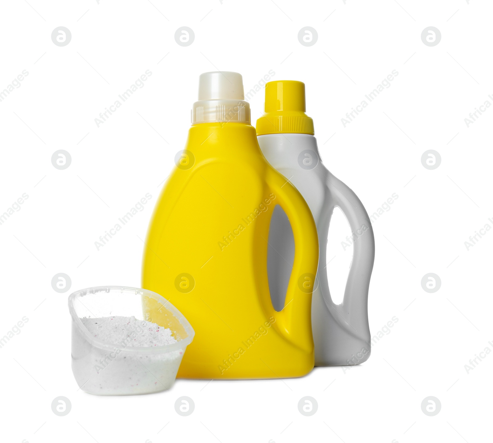 Photo of Bottles of detergent and washing powder for baby's clothes on white background