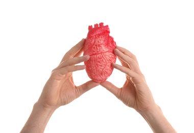 Photo of Man holding model of heart on white background. Heart attack concept