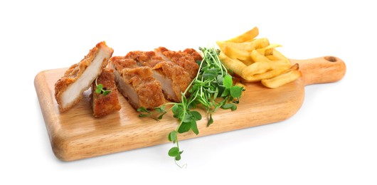 Delicious cut schnitzel with french fries and microgreens on white background