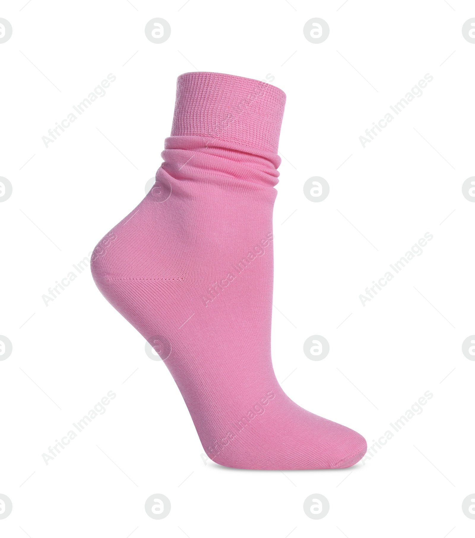 Photo of Pink sock isolated on white. Footwear accessory