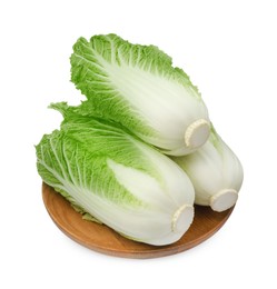 Photo of Fresh tasty Chinese cabbages and wooden board on white background