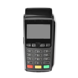 Photo of Modern payment terminal on white background, top view