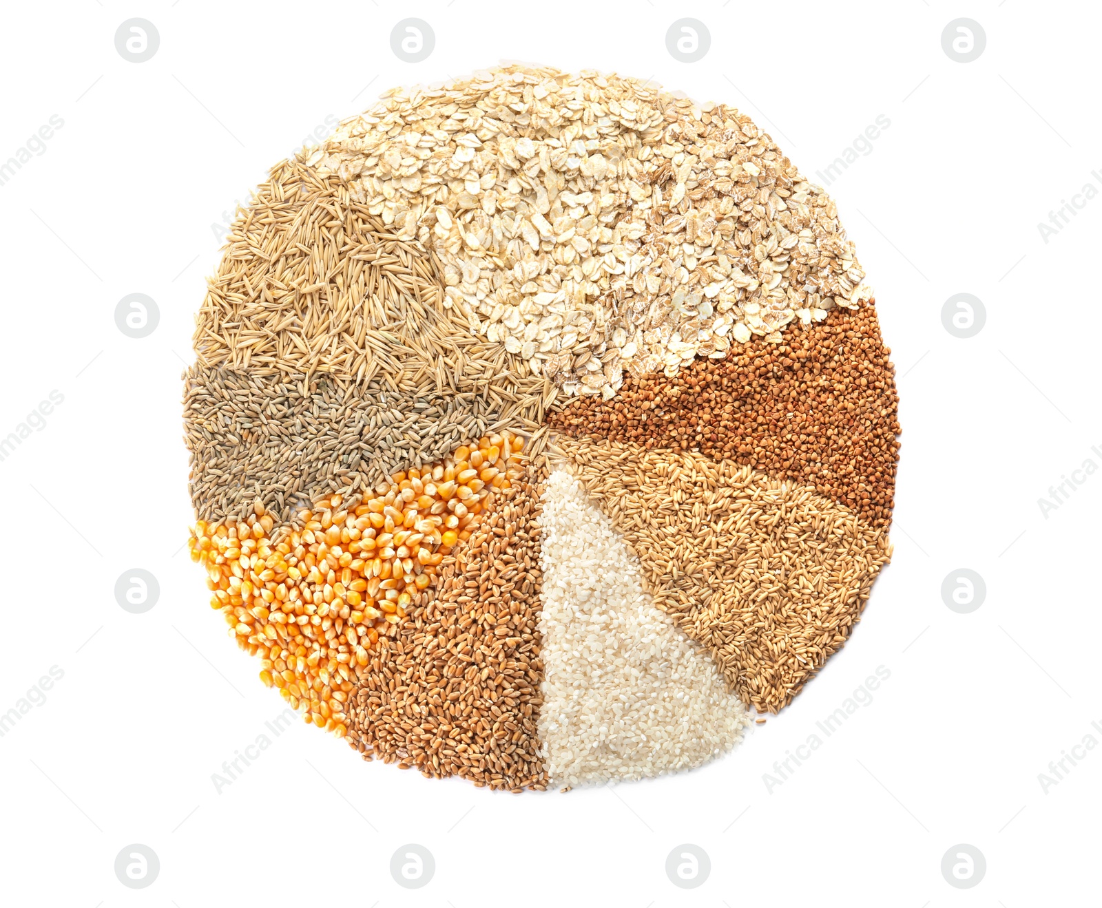 Photo of Different types of grains and cereals on white background