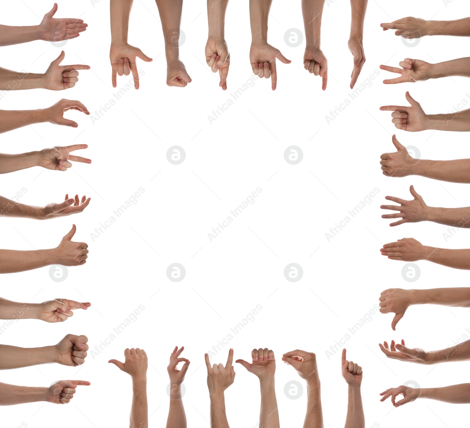 Image of Collage with man showing different gestures on white background, closeup view of hands