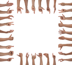 Image of Collage with man showing different gestures on white background, closeup view of hands