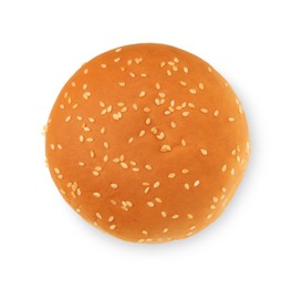 Photo of One fresh hamburger bun isolated on white, top view