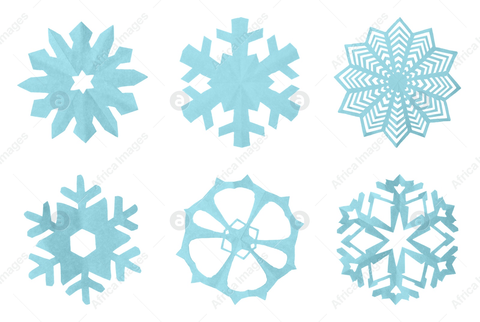 Image of Set of beautiful paper snowflakes on white background