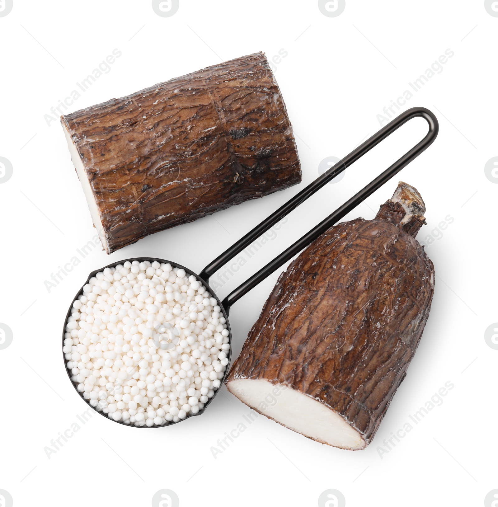 Photo of Scoop with tapioca pearls and cassava roots isolated on white, top view