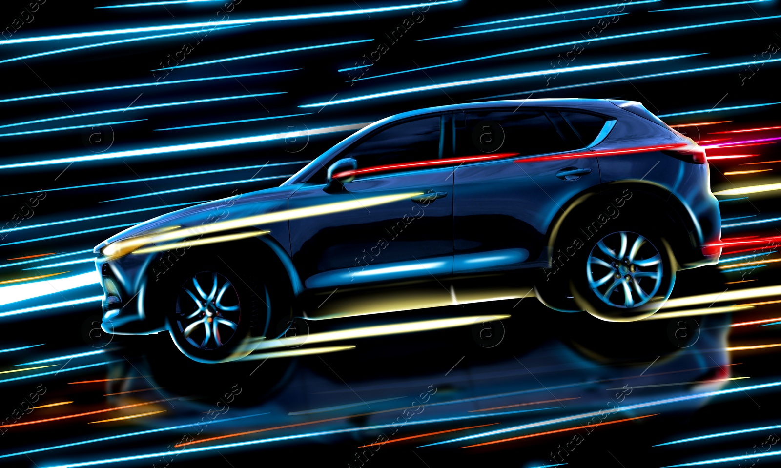 Image of Black modern car and speed light trails, motion blur effect. Banner design