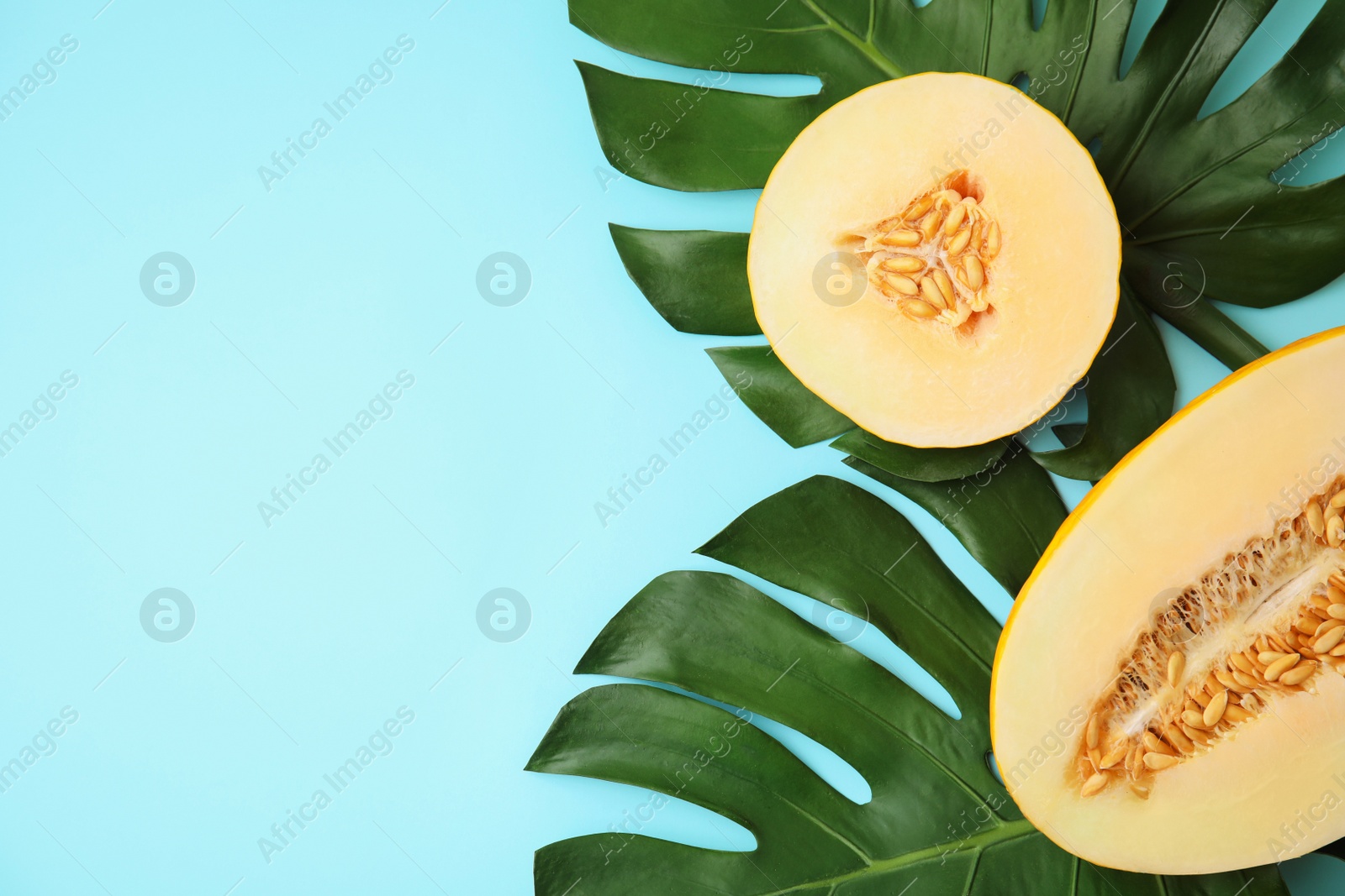 Photo of Flat lay composition with melon, tropical leaves and space for text on color background